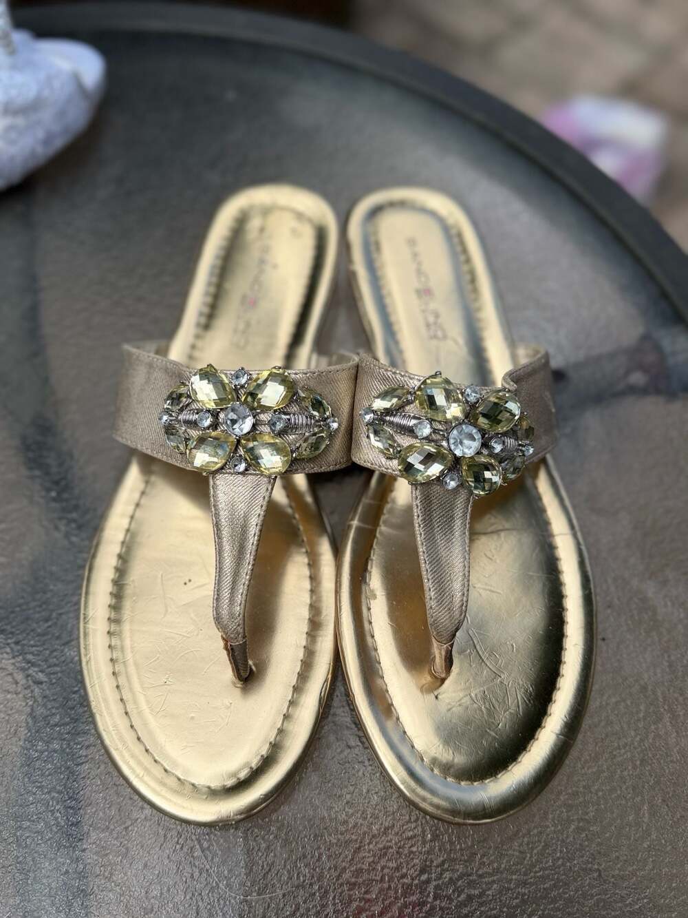 Bandolino Gold Flexible Rhinestone Embellished T-Strap Flat Sandals